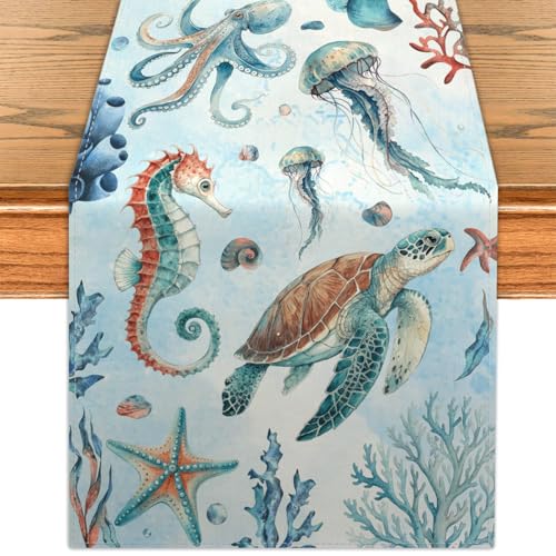 Coastal Table Runner 13x72 Inches | Sea Turtle & Seahorse Design