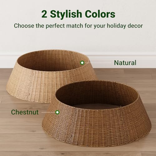 Wicker Christmas Tree Collar 28 Inch Woven Tree Base Cover Brown - Modern Holiday Decor