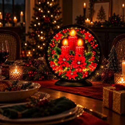 Christmas Candles - No Music Lighted Holiday Centerpiece with Poinsettia & Candle Design - Wall & Tabletop Decor