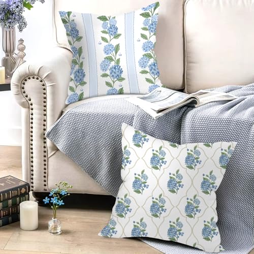 18x18 Set of 4 Blue Hydrangea Velvet Pillow Covers - Hidden Zipper, Seamless Design