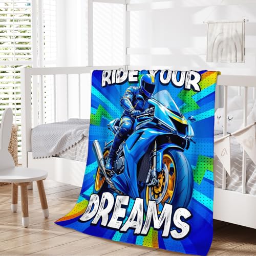 Motorcycle Flannel Throw Blanket for Boys, Soft 40x50 Inch Blue Bedding