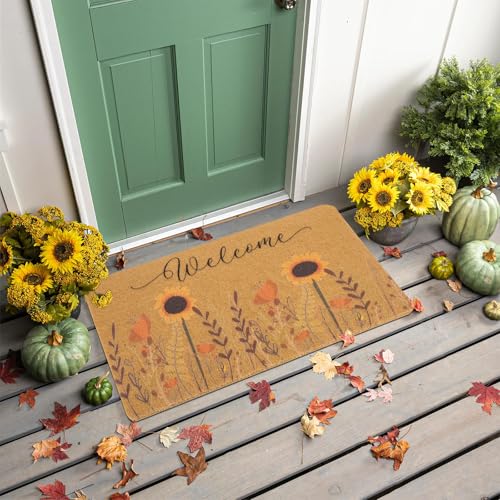 Sunflower Fall Welcome Doormat - 17x30 Inch Natural Coir Outdoor Door Mat
