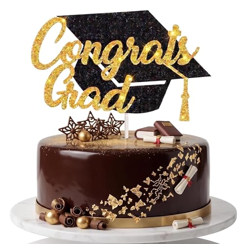 Congrats Grad Cake Topper - Class of 2026 Black Gold Decoration