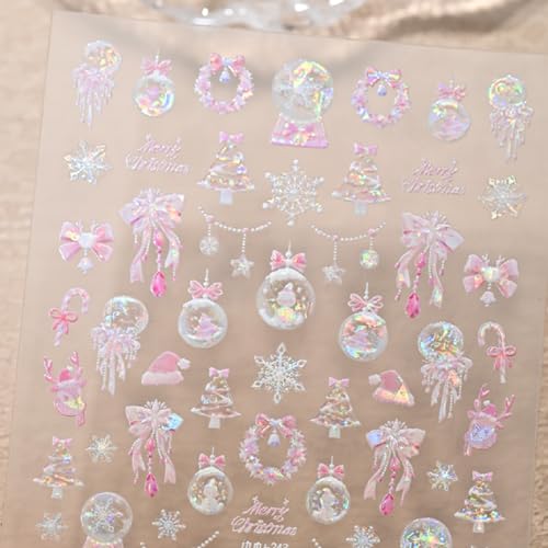GeeSey Christmas 5D Embossed Nail Stickers Pink Blue Holiday Decals