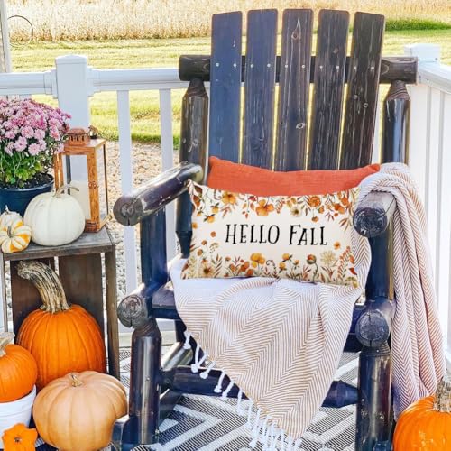 Hello Fall Lumbar Pillow Cover 12x20, Floral Pumpkin Autumn Decor