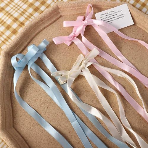 Pink Double Bow Hair Barrette with Long Ribbon for Women and Girls