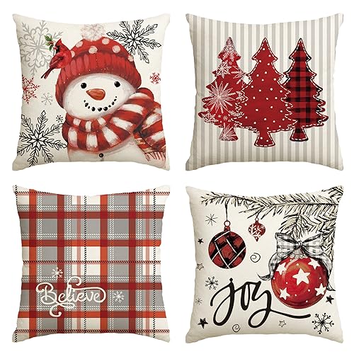 AVOIN colorlife Christmas Throw Pillow Covers, 18x18 Red Snowman Set of 4