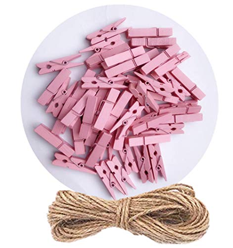DurReus Pink Tiny Clothespins Set with Twine - 50 Pack for Photos & Crafts