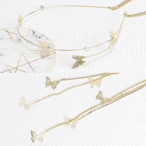 AHONEY Gold Butterfly Rhinestone Headband with Long Tassels Crystal Headpiece