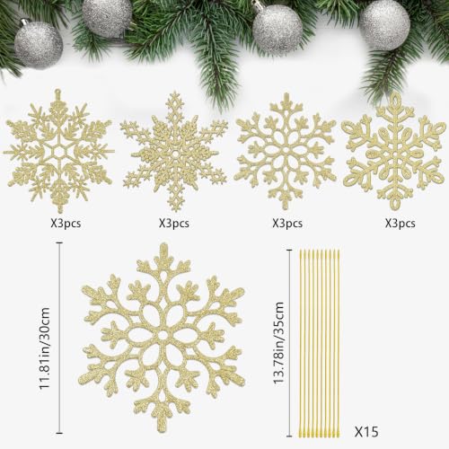 Gold Snowflake Ornaments Set - 12 Large Outdoor Indoor Christmas Decorations