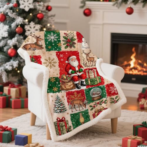 Christmas Santa Deer Throw Blanket - Holiday Patchwork Fleece 50x60, Red