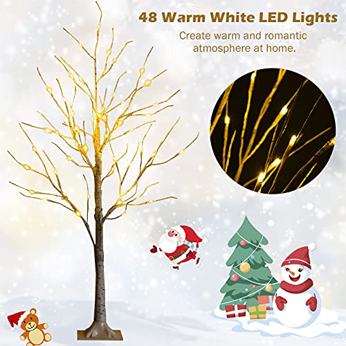 4ft Pre-Lit Christmas Tree with 48 Warm White LED Lights - Artificial White Twig Birch Tree