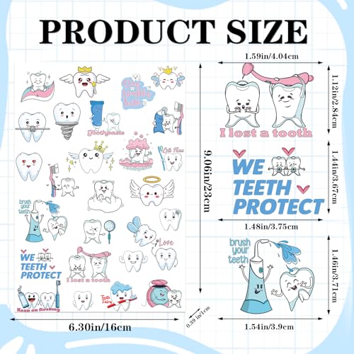 INCOK Cute Dental Tooth Temporary Tattoos - 8 Sheets 200+ Cartoon Stickers