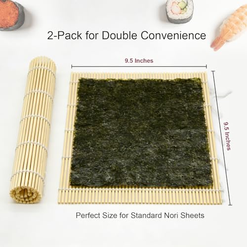 Bamboo Sushi Mats 2-Pack, 9.5-Inch Rolling Tool for Maki