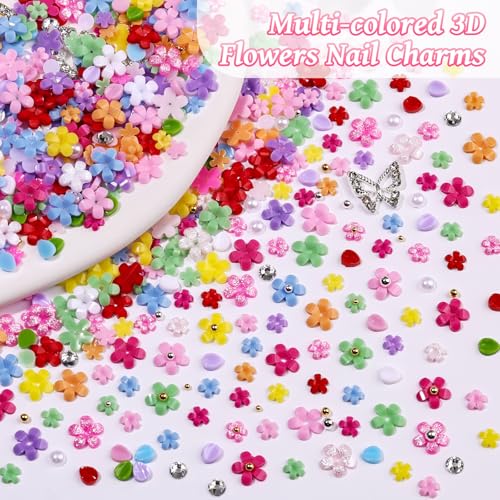 3D Flower Nail Charms Set with Tweezers, Acrylic Blossom Petals & Pearls