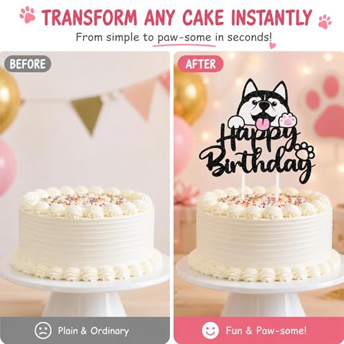 Husky Cake Topper - Black Glitter Birthday Decorations for Kids