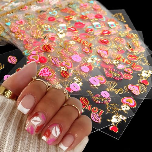 Valentine's Day 3D Gold Nail Decals - Lips & Hearts Self-Adhesive Art 30 Pcs