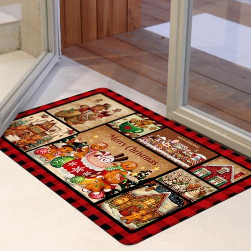 Christmas Kitchen Rugs Set of 2 - Non-Slip Buffalo Plaid & Gingerbread Mats