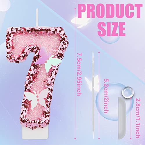 TOYMIS Number 7 Pink Birthday Candle Glitter Butterfly Cake Topper