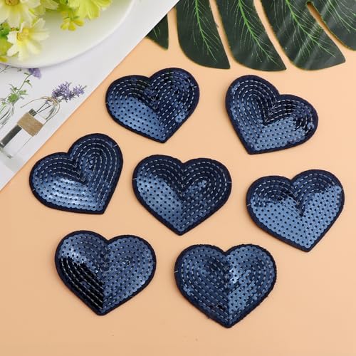 20Pcs Dark Blue Sequin Heart Iron-On Patches 6.4x5.3cm Appliques