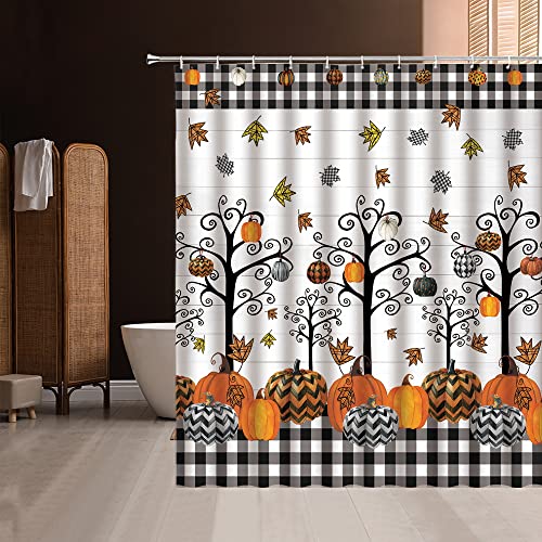 Rustic Autumn Pumpkin Shower Curtain, Fall Floral Buffalo Check, 72x72 Inch