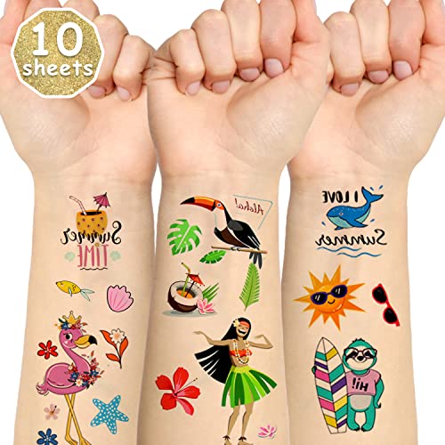 LOMIMOS Hawaiian Luau Temporary Tattoos - 138pcs Tropical Summer Stickers