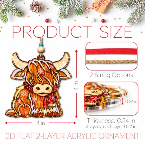 Highland Cow Christmas Ornament 4 Inch Acrylic Flat Decor - Variation: Highland Cow