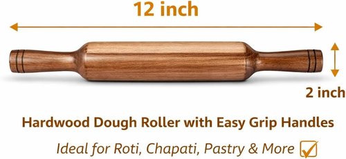 Hardwood Rolling Pin 12 Inch - Easy Grip Wooden Dough Roller for Roti, Chapati, Pastry & Pizza