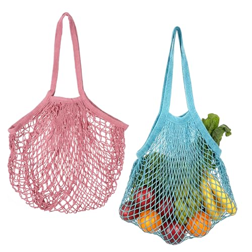 Mabor Mesh Tote Bag Set - Reusable Cotton Grocery Bags, Light Blue & Soft Pink