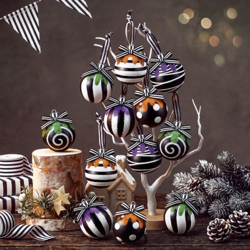 24 Pcs Halloween Black and White Christmas Ball Ornaments for Tree - Spooky Variation
