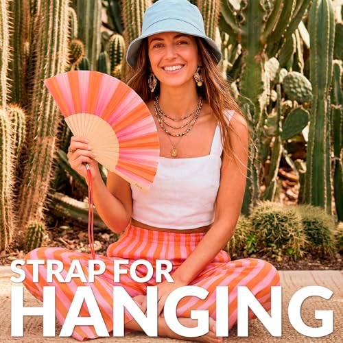 Fisura Colorful Pink and Orange Stripe Wooden Folding Fan with Wrist Strap – Summer Travel & Beach Accessory
