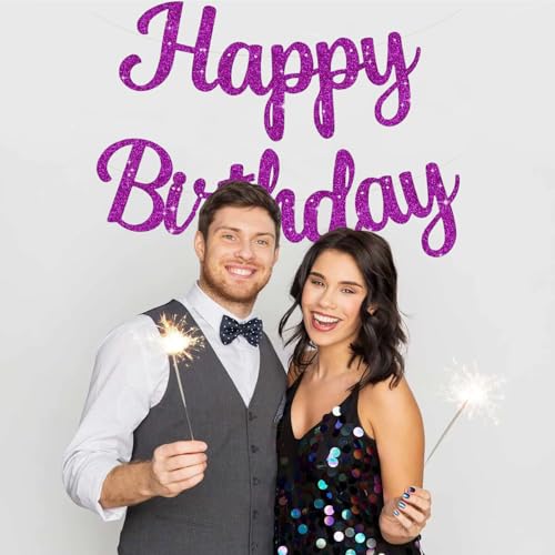 Happy Birthday Banner - Glitter Purple Party Decorations for Women
