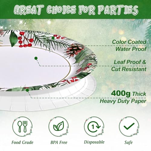 Heavy Duty Christmas Paper Plates 12x10 Inch – Disposable Holiday Dinnerware, Pack of 50