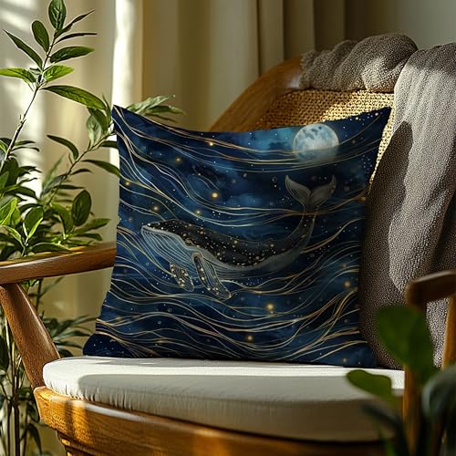 Navy Blue Whale and Moon Pillow Cover 18x18 - Cozy Flannelette Decor