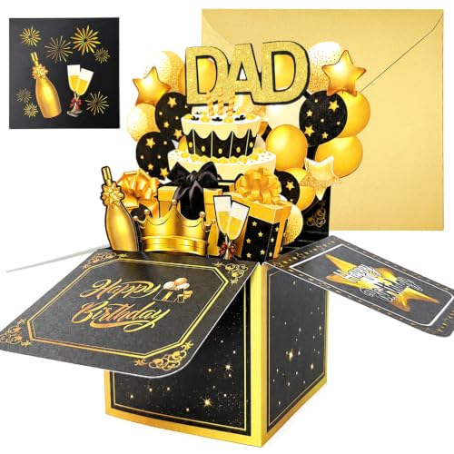 3D Pop Up Birthday Card for Dad - Black Gold Design with Envelope