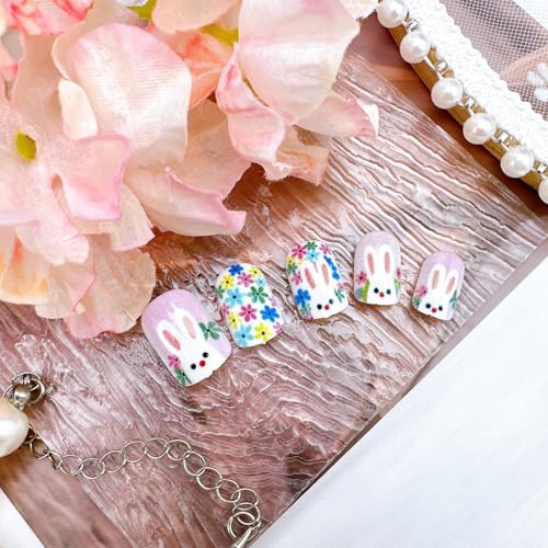 Easter Press on Nails Short Square False Nails with Cute Rabbit Flower