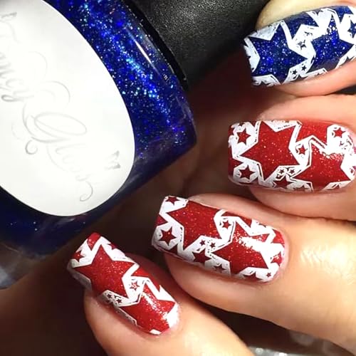 4th of July Press on Nails Medium Square Red Blue Stars Glitter Acrylic False Nails