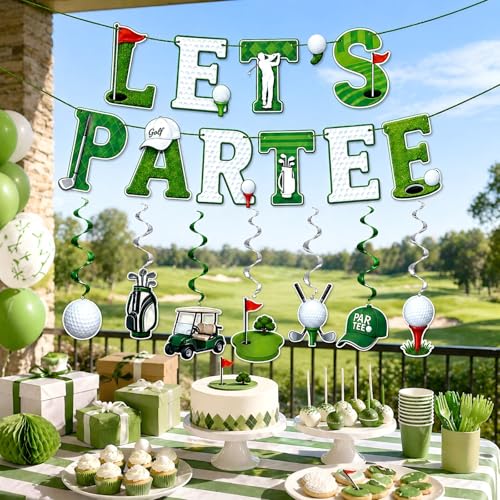 Golf Birthday Decorations Set - Par-Tee Banner & 7 Hanging Swirls