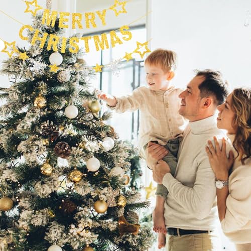 Merry Christmas Banner & Glitter Hanging Decor Set with Gold Stars & Snowflakes
