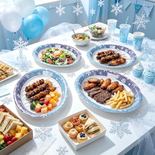 Heavy Duty Snowflake Oval Paper Plates 10.4x12.6 Inches - Blue and Purple, 50 Pack, Winter Party