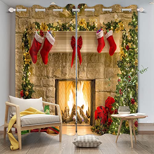 Christmas Fireplace Window Curtains 2 Panel Set - Xmas Trees Red Socks Gifts Merry Christmas Themed Window Drapes 42x96 Inches - Pack of 2