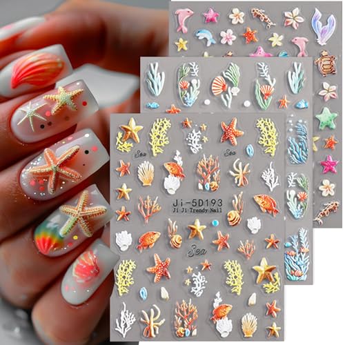 Ocean Nail Stickers 3 Sheets Summer Beach 5D Embossed Decals