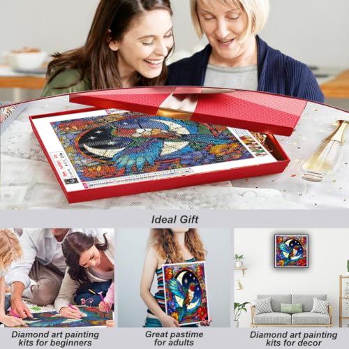 Hummingbird Diamond Art Painting Kit, 5D Full Drill Round Moon Flowers 12x12"