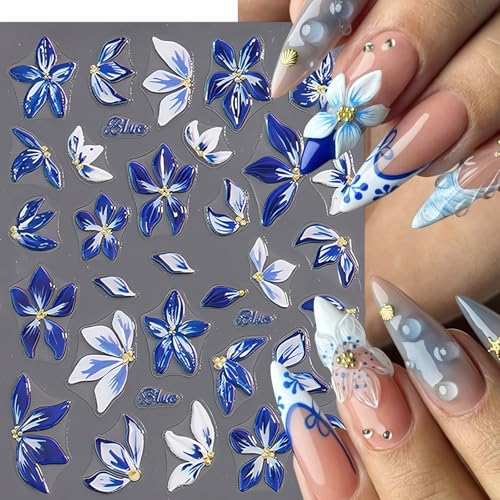 Quezadyl 5D Embossed Blue Hibiscus Flower Nail Stickers - 2 Sheets