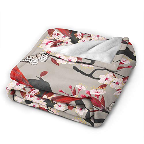 Cardinal Throw Blanket with Cherry Flowers - 60x50 Inches - Christmas Decor for Sofa