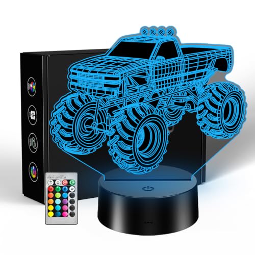 3D Monster Truck Night Light for Kids - RGB LED, Remote & Touch Control - Unique Truck Decor