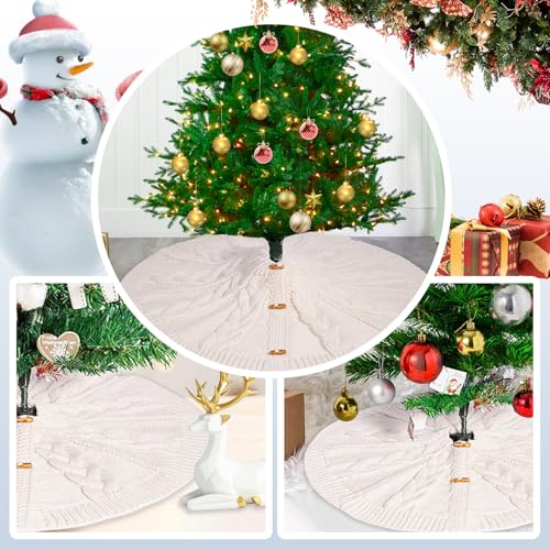 48 Inch White Knitted Christmas Tree Skirt - Cream Toggle Buttons - Holiday Decor