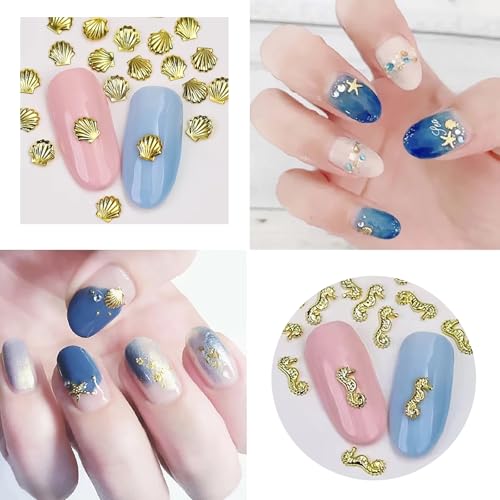3D Gold Ocean Nail Charms Set - Starfish, Seashell Metal Studs DIY Manicure