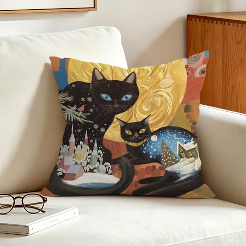 Set of 4 Boho Black Cat Throw Pillow Covers - 18x18