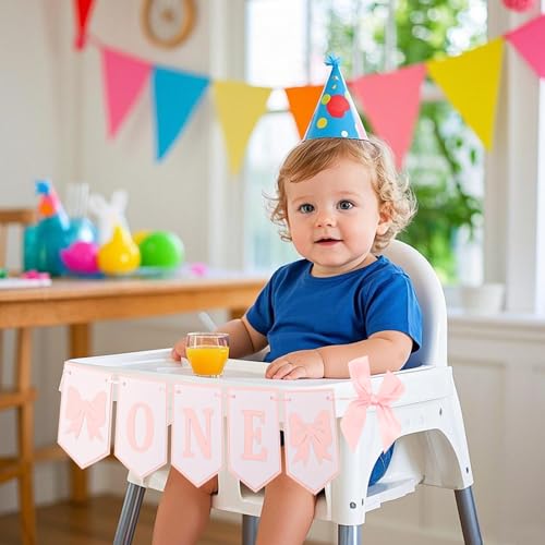 BOXOB Pink Bow One High Chair Banner - Pre-Strung First Birthday Party Decoration